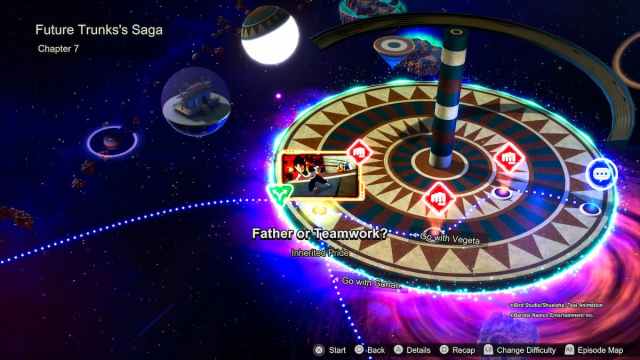 A map screenshot of Future Trunks's Saga, Chapter 7, named "Father or Teamwork?" The screen shows a circular battleground with options such as "Go with Vegeta" and "Go with Gohan."