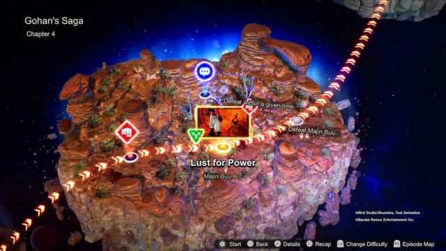 High-elevation rocky terrain with pathways illuminated by arrows, leading to a highlighted scene featuring Majin Buu.