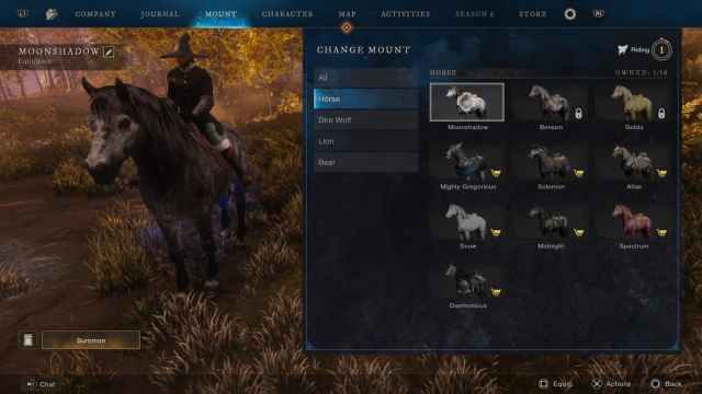 Player on horseback with mount interface open, displaying different mount types available for selection in New World Aeternum.