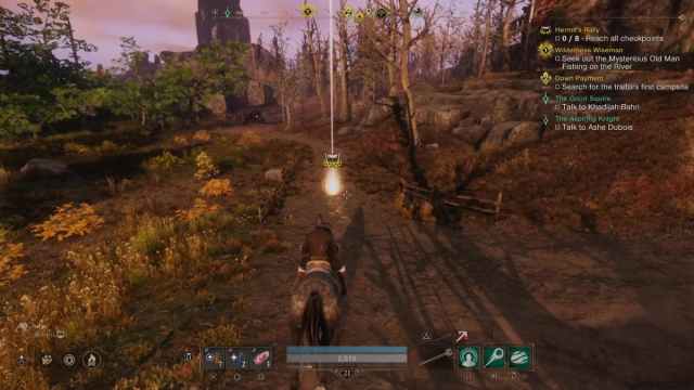 Player on horseback, following a glowing checkpoint marker on the track during the practice race for mount races.